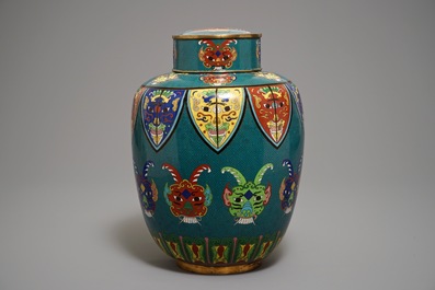 A Chinese cloisonn&eacute; jar and cover with taotie masks, 19th C.