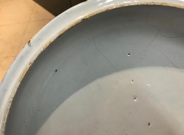 A large Dutch Delft blue and white spiced wine bowl and cover, 18th C.