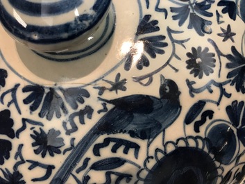 A large Dutch Delft blue and white spiced wine bowl and cover, 18th C.