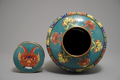 A Chinese cloisonn&eacute; jar and cover with taotie masks, 19th C.