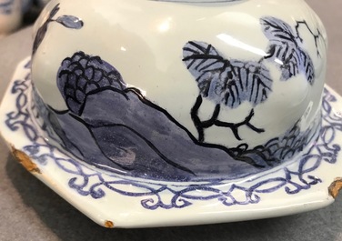 A large Dutch Delft blue and white three-piece chinoiserie garniture, 2nd half 17th C.