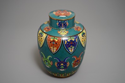 A Chinese cloisonn&eacute; jar and cover with taotie masks, 19th C.