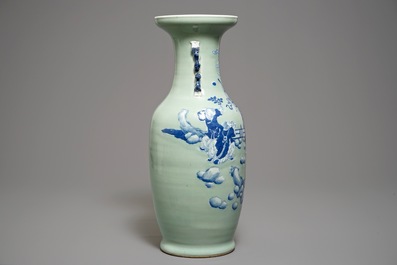 A Chinese blue and white on celadon ground vase, 19th C.