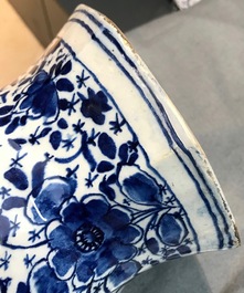 Three Dutch Delft blue and white garlic neck vases with birds on millefiori design, 18th C.