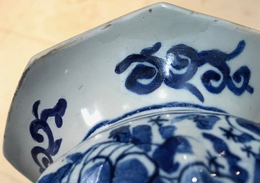 Three Dutch Delft blue and white garlic neck vases with birds on millefiori design, 18th C.