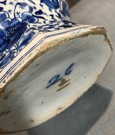 Three Dutch Delft blue and white garlic neck vases with birds on millefiori design, 18th C.