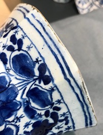 Three Dutch Delft blue and white garlic neck vases with birds on millefiori design, 18th C.