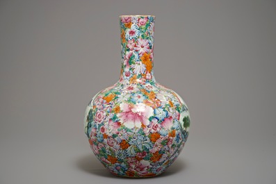 A large Chinese famille rose millefleurs tianqiu ping vase, Qianlong mark, 19/20th C.
