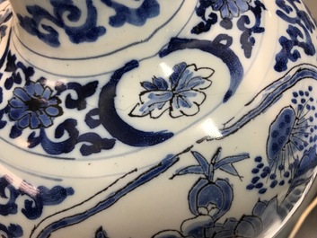 A pair of tall Dutch Delft blue and white chinoiserie vases, 1st half 18th C.