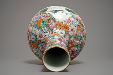 A large Chinese famille rose millefleurs tianqiu ping vase, Qianlong mark, 19/20th C.