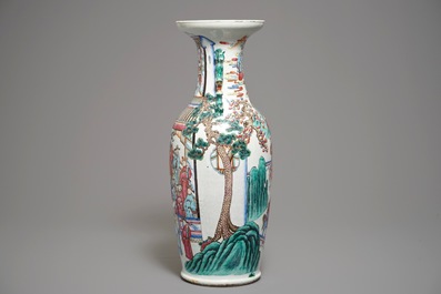 A Chinese famille rose vase with circular court scene design, 19th C.