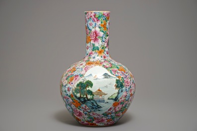 A large Chinese famille rose millefleurs tianqiu ping vase, Qianlong mark, 19/20th C.