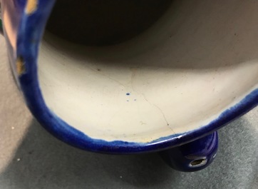 A blue ground Brussels faience jug with Napoleon, 19th C.
