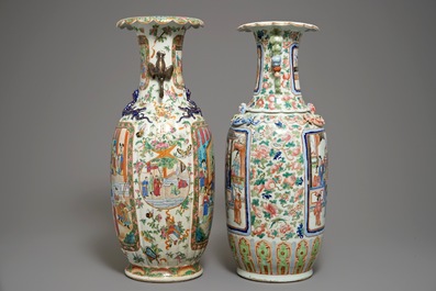 Two large Chinese famille rose vases with figurative design, 19th C.