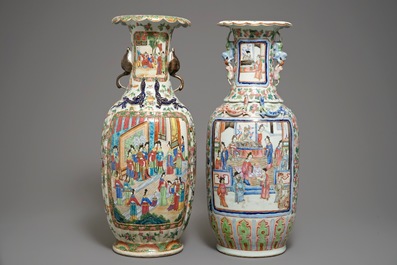 Two large Chinese famille rose vases with figurative design, 19th C.