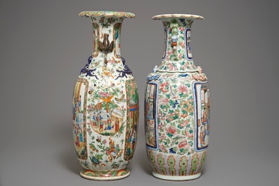 Two large Chinese famille rose vases with figurative design, 19th C.