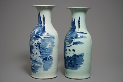 Two Chinese blue and white celadon-ground landscape vases, 19/20th C.