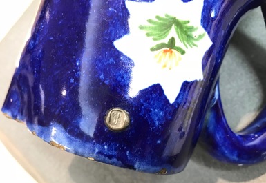 A blue ground Brussels faience jug with Napoleon, 19th C.