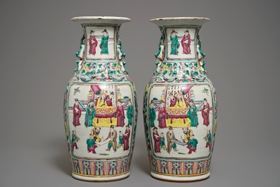 A pair of Chinese famille rose vases with figures, 19th C.