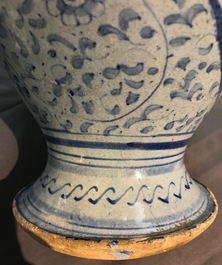 An Antwerp maiolica light blue ground wet drug jar, mid-16th C.