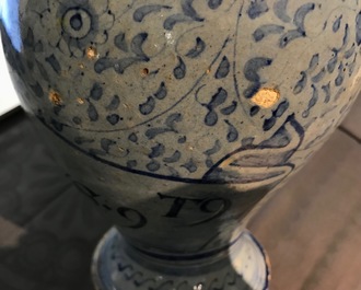 An Antwerp maiolica light blue ground wet drug jar, mid-16th C.