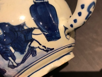 A Dutch Delft blue and white chinoiserie teapot and cover, 1st half 18th C.