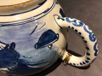 A Dutch Delft blue and white chinoiserie teapot and cover, 1st half 18th C.