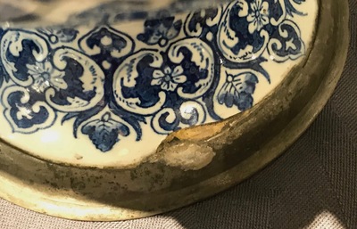 An attractive Dutch Delft blue and white gadrooned pewter-mounted jug, 2nd half 17th C.