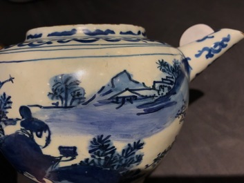 A Dutch Delft blue and white chinoiserie teapot and cover, 1st half 18th C.