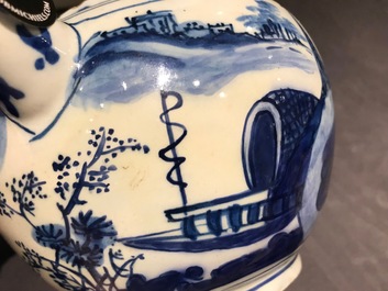 A Dutch Delft blue and white chinoiserie teapot and cover, 1st half 18th C.
