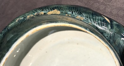 Une terrine couverte sur support en forme de truite en fa&iuml;ence de Delft polychrome, 18&egrave;me