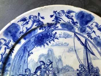 Seven fine Dutch Delft blue and white biblical plates, 18th C.