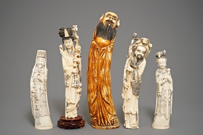 Five various Chinese carved ivory figures, 19/20th C.