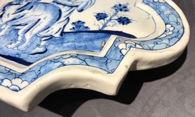 A Dutch Delft blue and white chinoiserie plaque with an elephant, 18th C.
