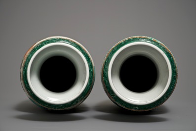 A pair of large Chinese famille verte figural rouleau vases, 19th C.