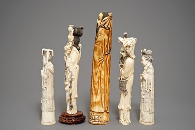 Five various Chinese carved ivory figures, 19/20th C.