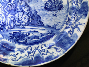 Seven fine Dutch Delft blue and white biblical plates, 18th C.