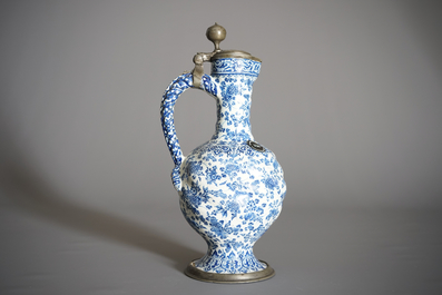 An attractive Dutch Delft blue and white gadrooned pewter-mounted jug, 2nd half 17th C.