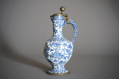 An attractive Dutch Delft blue and white gadrooned pewter-mounted jug, 2nd half 17th C.
