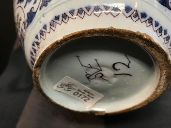 A fine Dutch Delft blue, white and manganese chinoiserie vase, 17th C.