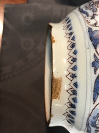 A fine Dutch Delft blue, white and manganese chinoiserie vase, 17th C.