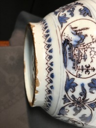 A fine Dutch Delft blue, white and manganese chinoiserie vase, 17th C.