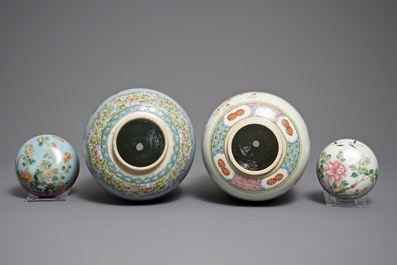 Two large Chinese famille rose olive-shaped ginger jars of floral design, 19th C.