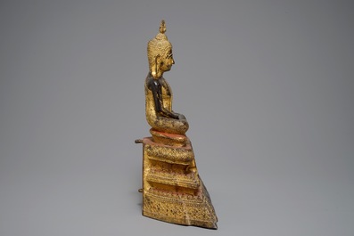 Een grote Tha&iuml;se verguld bronzen Boeddha op troon, Rattanakosin, 19e eeuw