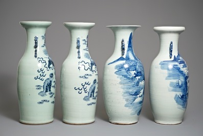 Four Chinese blue and white celadon-ground vases with Buddhist lions and landscapes, 19/20th C.