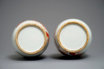A pair of large Chinese iron red vases with Buddhist lions, 19/20th C.