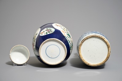 Four Chinese famille verte and blue and white vases, 19/20th C.