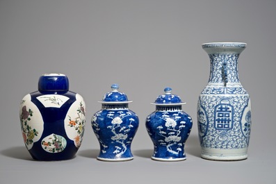 Four Chinese famille verte and blue and white vases, 19/20th C.