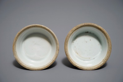 A pair of round Chinese blue and white salts with antiquities design, Kangxi