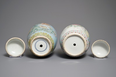 Two large Chinese famille rose olive-shaped ginger jars of floral design, 19th C.